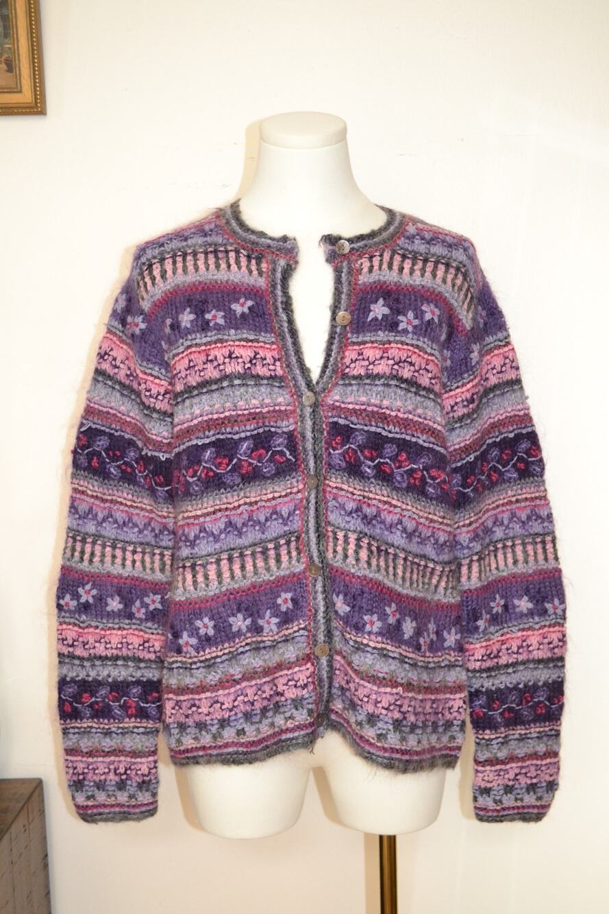 Y2K Mohair Hand Knit Floral Cottagecore Artsy Button Up Cardigan Sweater Size S